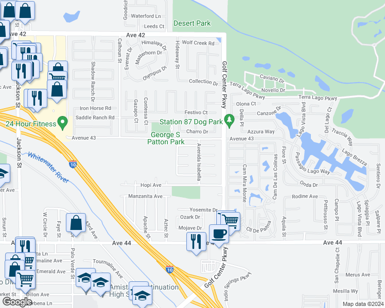 map of restaurants, bars, coffee shops, grocery stores, and more near 83824 Salva Court in Indio
