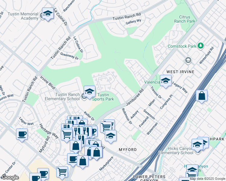 map of restaurants, bars, coffee shops, grocery stores, and more near 2832 Ballesteros Lane in Tustin