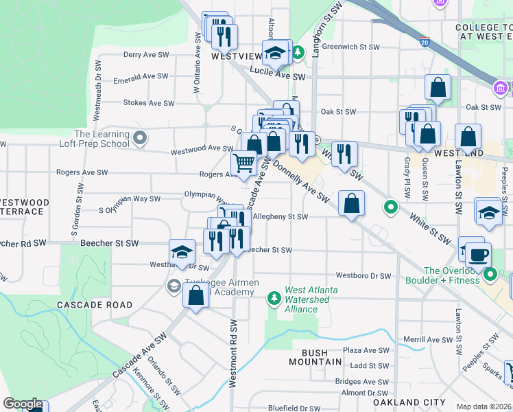 map of restaurants, bars, coffee shops, grocery stores, and more near 722 Cascade Avenue Southwest in Atlanta