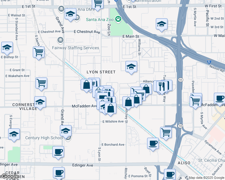 map of restaurants, bars, coffee shops, grocery stores, and more near 1733 Normandy Place in Santa Ana