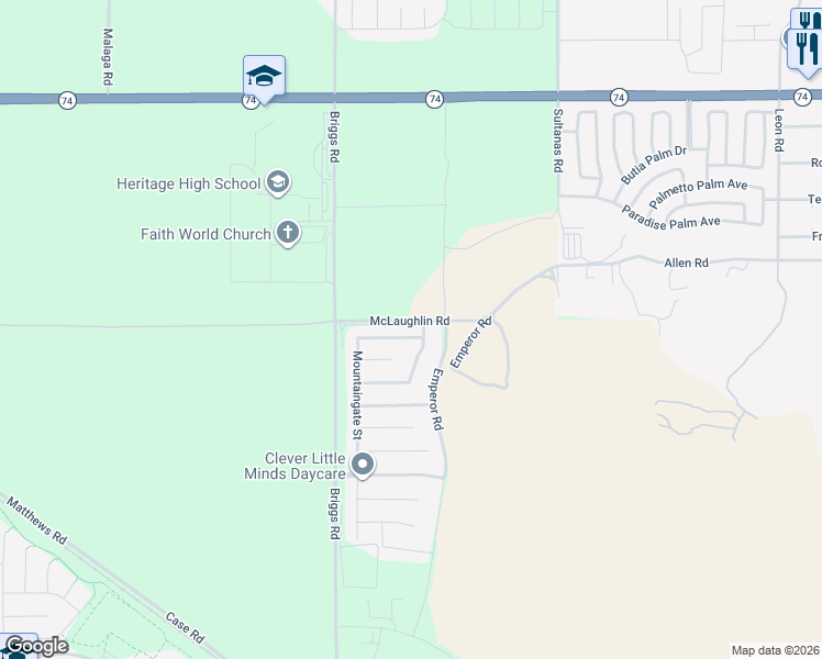 map of restaurants, bars, coffee shops, grocery stores, and more near 26579 Iron Mountain Street in Riverside County
