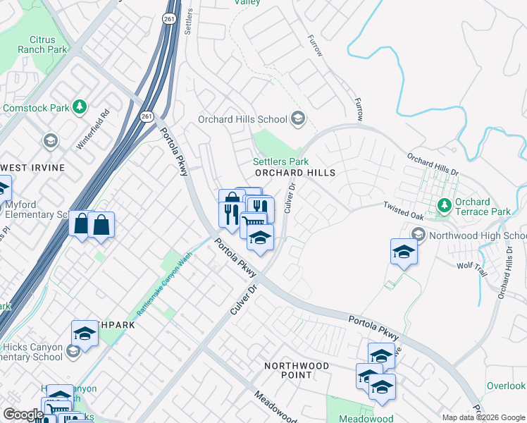 map of restaurants, bars, coffee shops, grocery stores, and more near 3901 Portola Parkway in Irvine