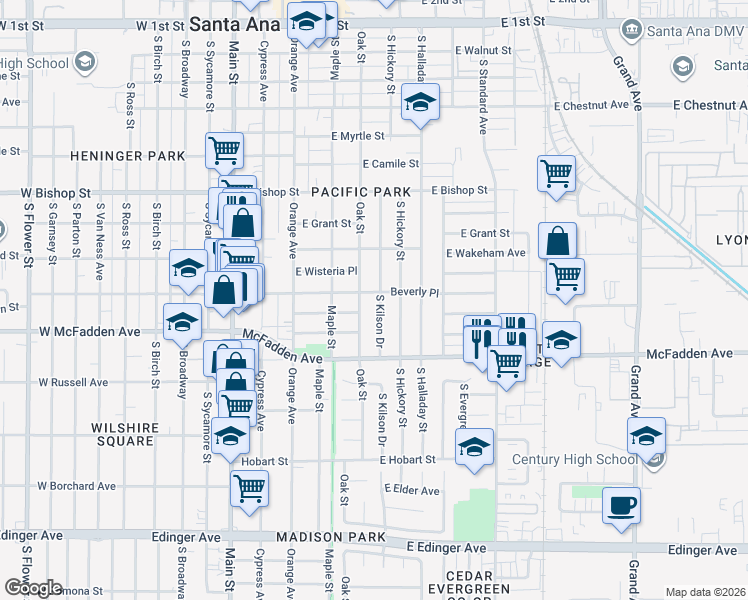 map of restaurants, bars, coffee shops, grocery stores, and more near 1027 South Kilson Drive in Santa Ana
