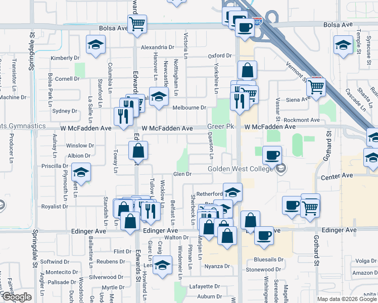 map of restaurants, bars, coffee shops, grocery stores, and more near 6771 Sunview Drive in Huntington Beach