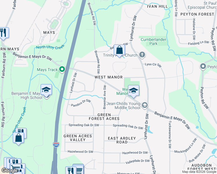map of restaurants, bars, coffee shops, grocery stores, and more near 758 Braemar Avenue Southwest in Atlanta