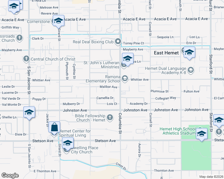 map of restaurants, bars, coffee shops, grocery stores, and more near 26583 June Way in Hemet