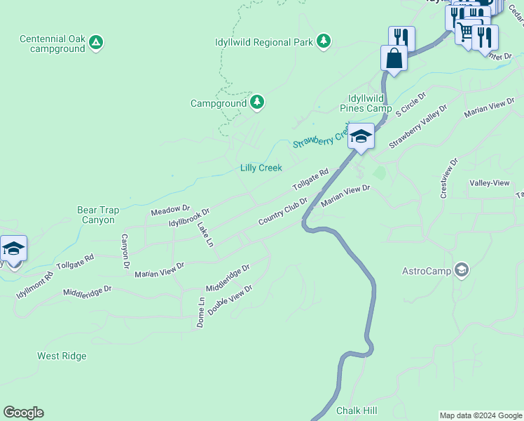 map of restaurants, bars, coffee shops, grocery stores, and more near 53589 Tollgate Road in Idyllwild-Pine Cove