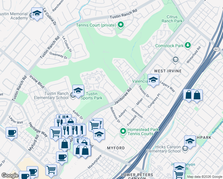 map of restaurants, bars, coffee shops, grocery stores, and more near 2906 Player Lane in Tustin