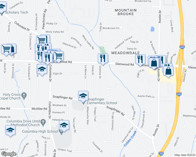 map of restaurants, bars, coffee shops, grocery stores, and more near 1889 Glenmar Drive in Decatur