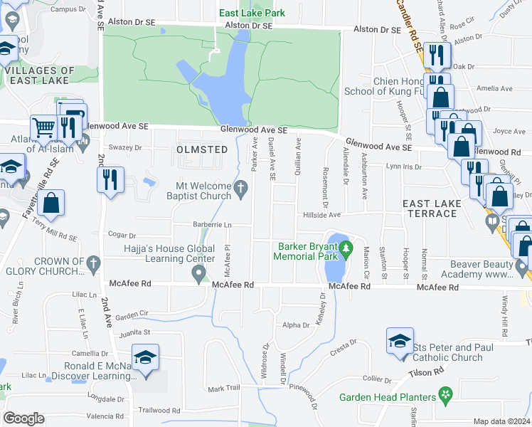 map of restaurants, bars, coffee shops, grocery stores, and more near 599 Daniel Avenue in Decatur