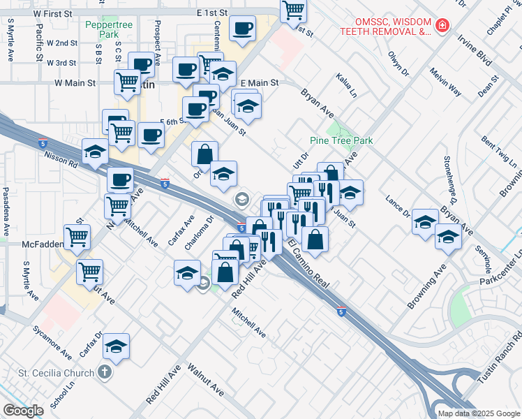 map of restaurants, bars, coffee shops, grocery stores, and more near 1361 El Camino Real in Tustin