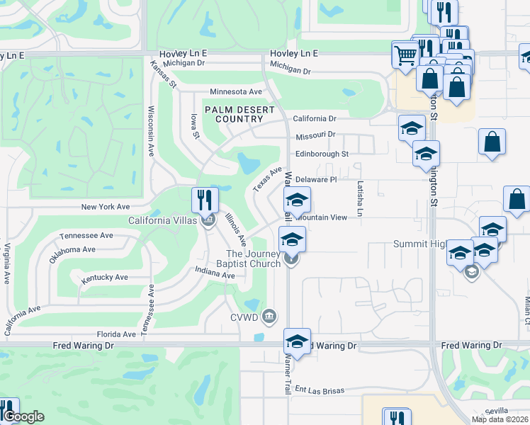 map of restaurants, bars, coffee shops, grocery stores, and more near 43120 Texas Avenue in Palm Desert