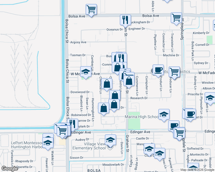 map of restaurants, bars, coffee shops, grocery stores, and more near 15591 Container Lane in Huntington Beach