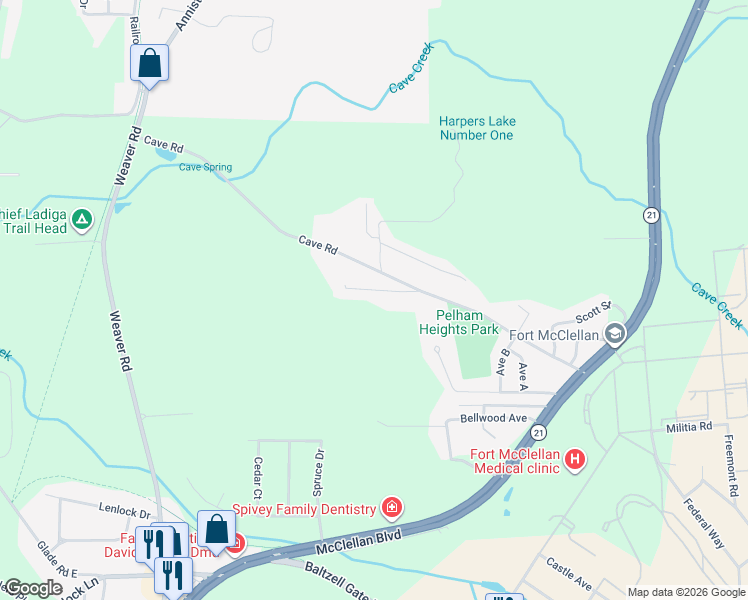 map of restaurants, bars, coffee shops, grocery stores, and more near 51 Nunnally Avenue in Anniston