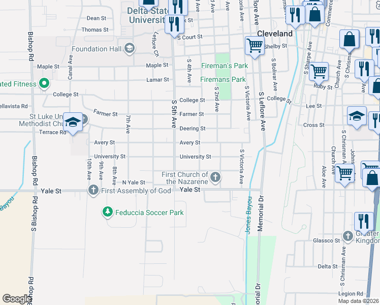 map of restaurants, bars, coffee shops, grocery stores, and more near 801-899 University Street in Cleveland