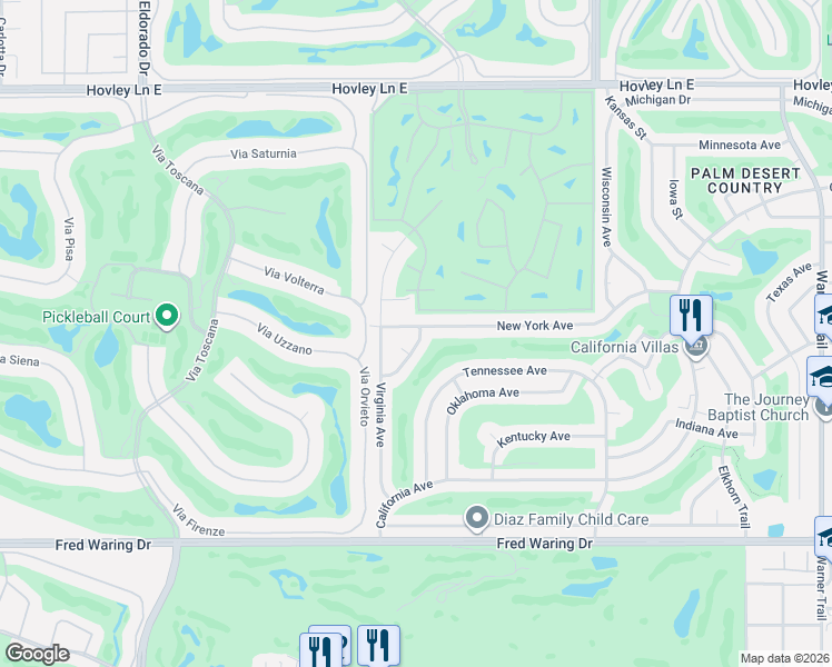 map of restaurants, bars, coffee shops, grocery stores, and more near 43220 Alabama Street in Palm Desert