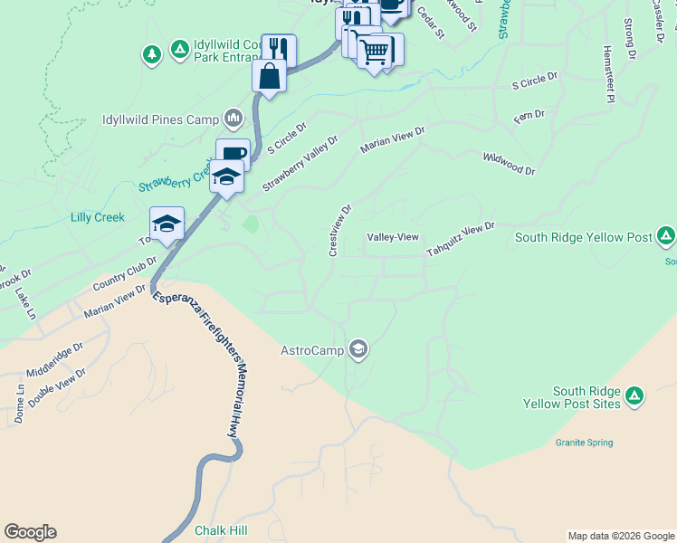 map of restaurants, bars, coffee shops, grocery stores, and more near 26620 Crestview Drive in Idyllwild-Pine Cove