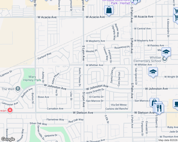 map of restaurants, bars, coffee shops, grocery stores, and more near 431 San Mateo Circle in Hemet