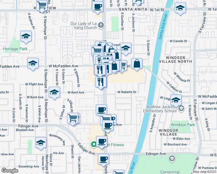 map of restaurants, bars, coffee shops, grocery stores, and more near 901 South Harbor Boulevard in Santa Ana