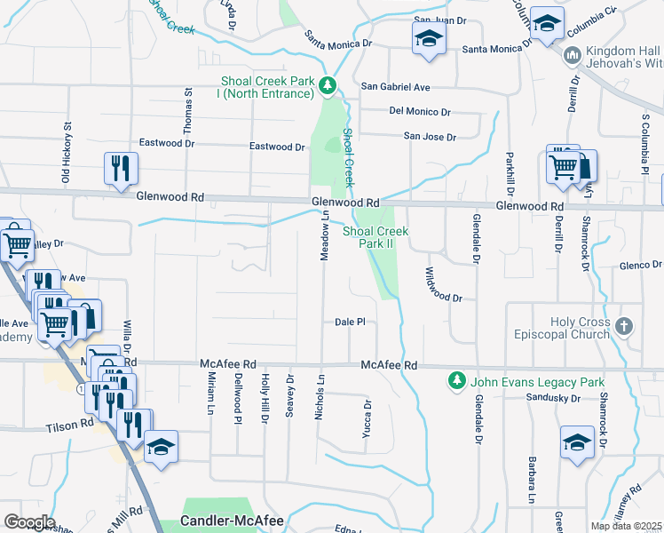 map of restaurants, bars, coffee shops, grocery stores, and more near 1887 Creekside Court in Decatur