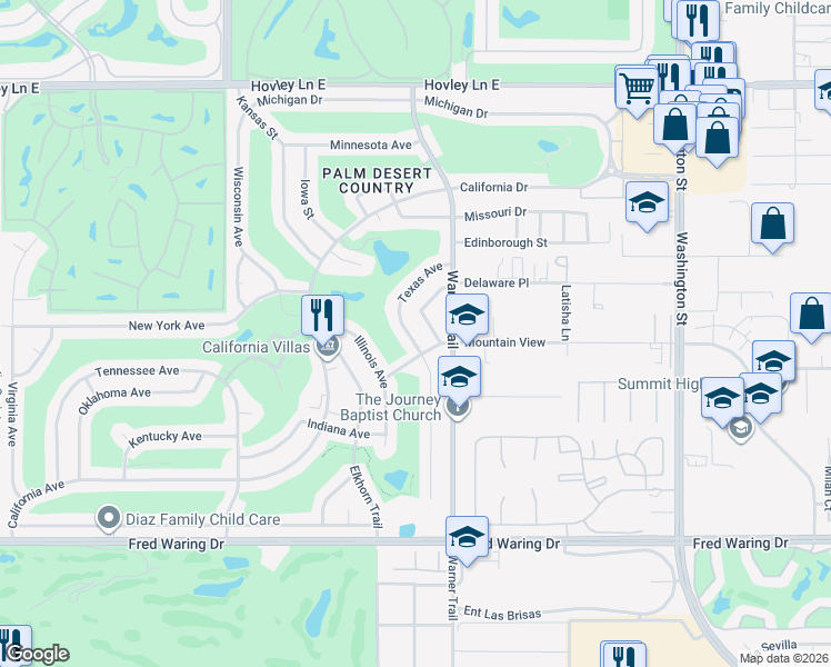 map of restaurants, bars, coffee shops, grocery stores, and more near 43120 Texas Avenue in Palm Desert