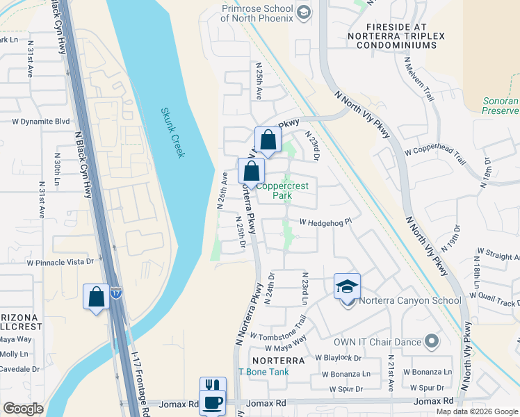 map of restaurants, bars, coffee shops, grocery stores, and more near 2502 West Straight Arrow Lane in Phoenix