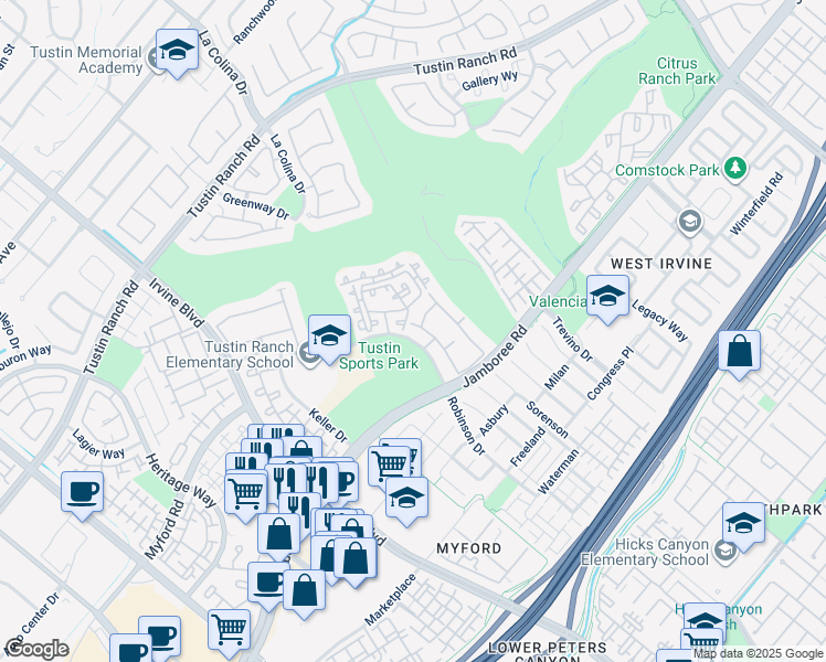 map of restaurants, bars, coffee shops, grocery stores, and more near 2832 Ballesteros Lane in Tustin
