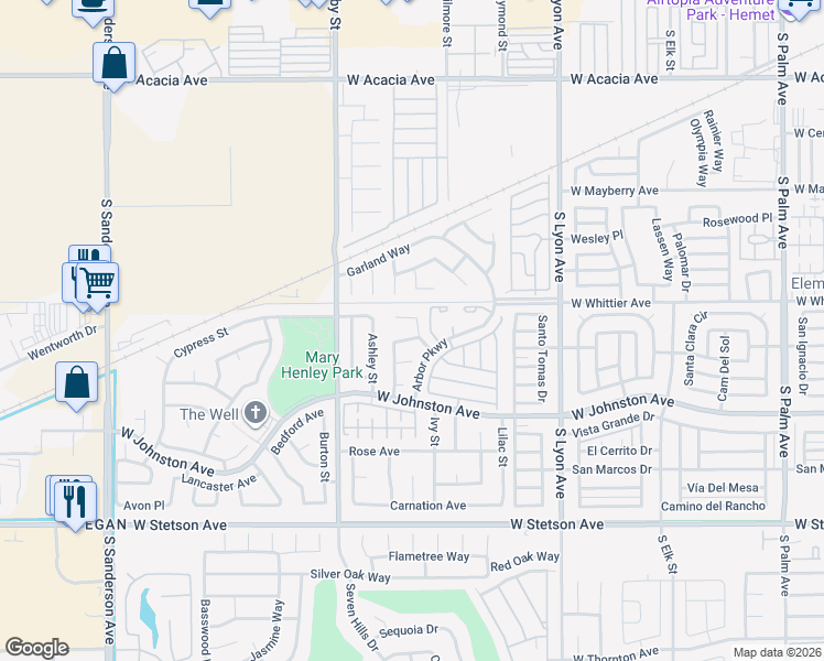 map of restaurants, bars, coffee shops, grocery stores, and more near 737 Juniper Street in Hemet