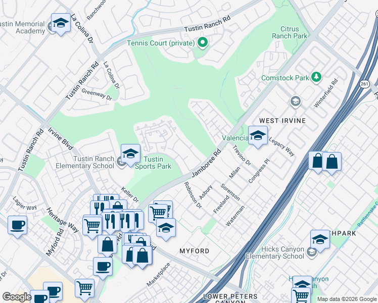 map of restaurants, bars, coffee shops, grocery stores, and more near in Tustin