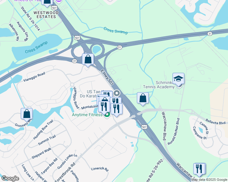 map of restaurants, bars, coffee shops, grocery stores, and more near 4061 Belle Terre Boulevard in Myrtle Beach