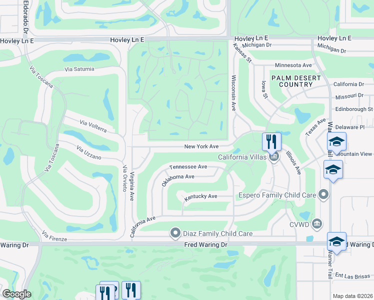 map of restaurants, bars, coffee shops, grocery stores, and more near 42880 Tennessee Avenue in Palm Desert