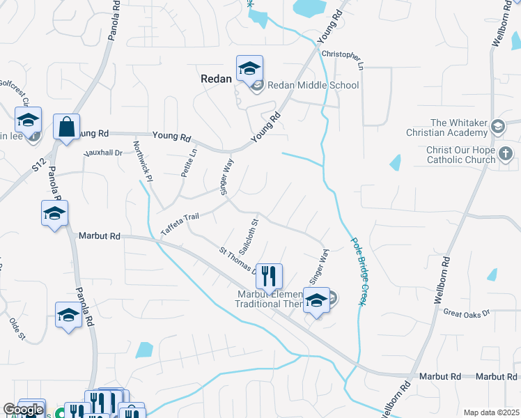 map of restaurants, bars, coffee shops, grocery stores, and more near 1938 Singer Way in Lithonia
