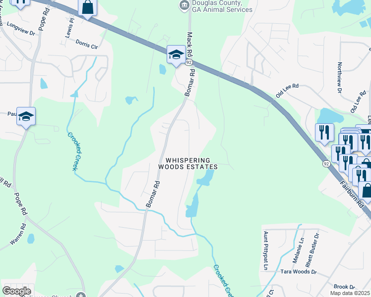 map of restaurants, bars, coffee shops, grocery stores, and more near 2585 Whisper Trail in Douglasville