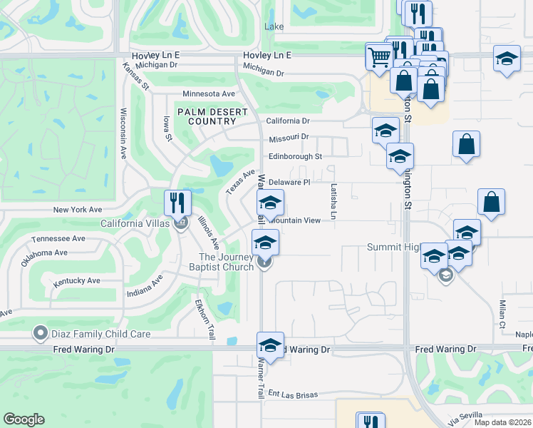 map of restaurants, bars, coffee shops, grocery stores, and more near 43170 Warner Trail in Palm Desert