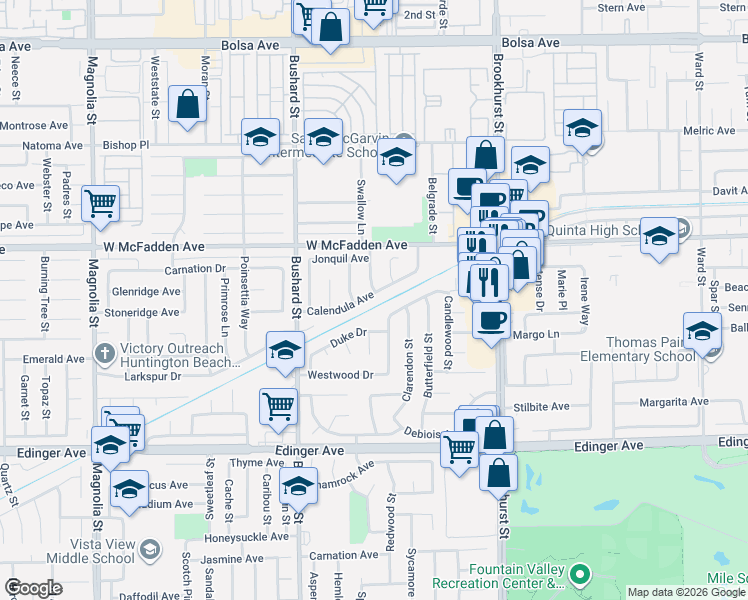 map of restaurants, bars, coffee shops, grocery stores, and more near 9721 Cloverdale Avenue in Westminster