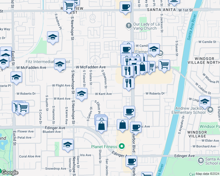 map of restaurants, bars, coffee shops, grocery stores, and more near 4022 West Roberts Drive in Santa Ana