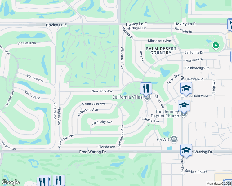 map of restaurants, bars, coffee shops, grocery stores, and more near 76975 New York Avenue in Palm Desert