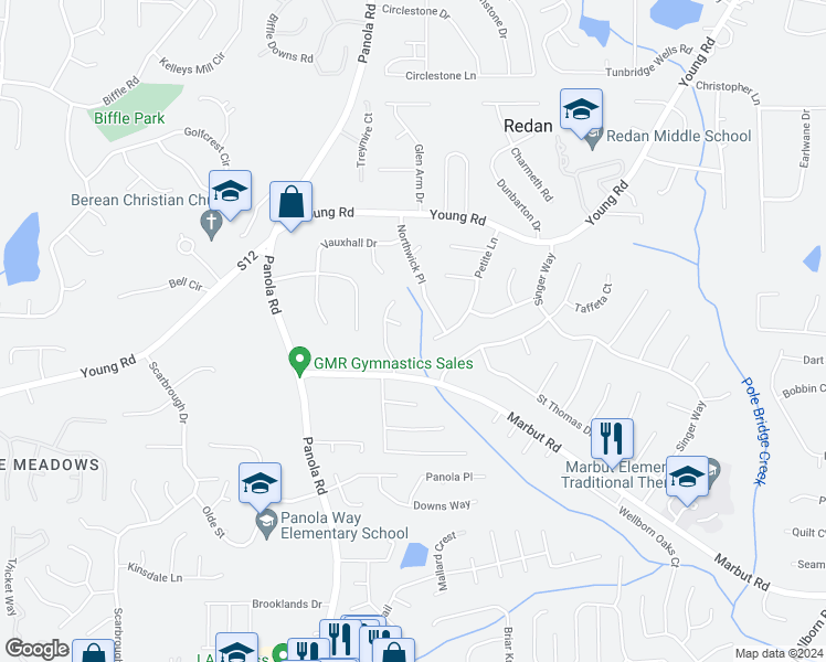 map of restaurants, bars, coffee shops, grocery stores, and more near 5517 Hadrian Court in Lithonia