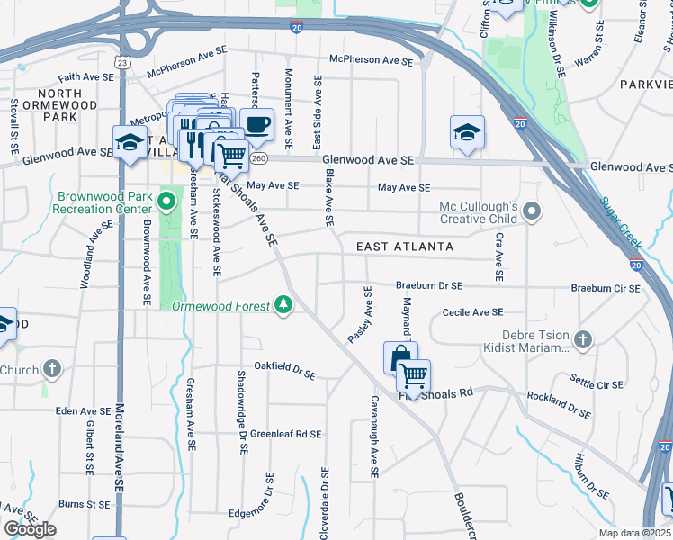 map of restaurants, bars, coffee shops, grocery stores, and more near 679 Blake Avenue Southeast in Atlanta