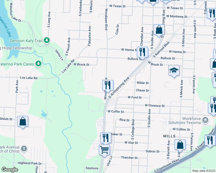 map of restaurants, bars, coffee shops, grocery stores, and more near 1208 Kawahee Lane in Denison