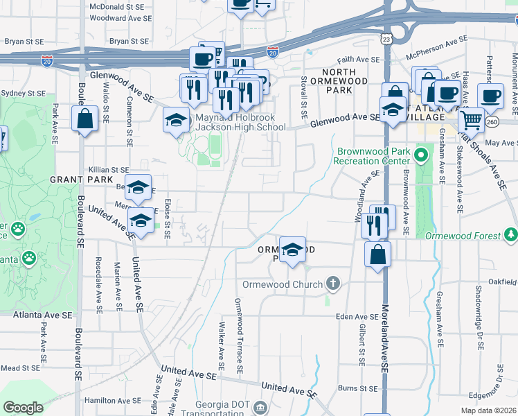 map of restaurants, bars, coffee shops, grocery stores, and more near 926 Mercer Street Southeast in Atlanta