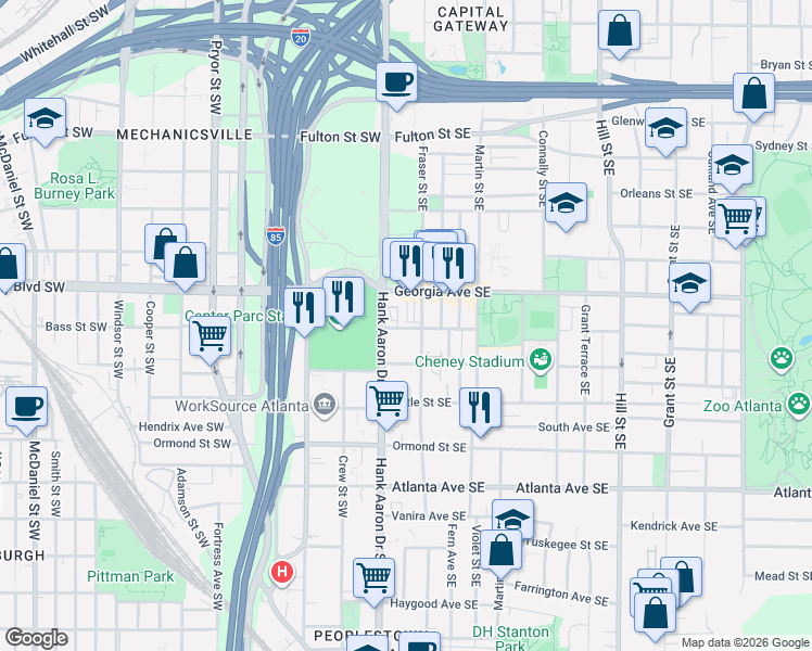 map of restaurants, bars, coffee shops, grocery stores, and more near Unnamed Road in Atlanta