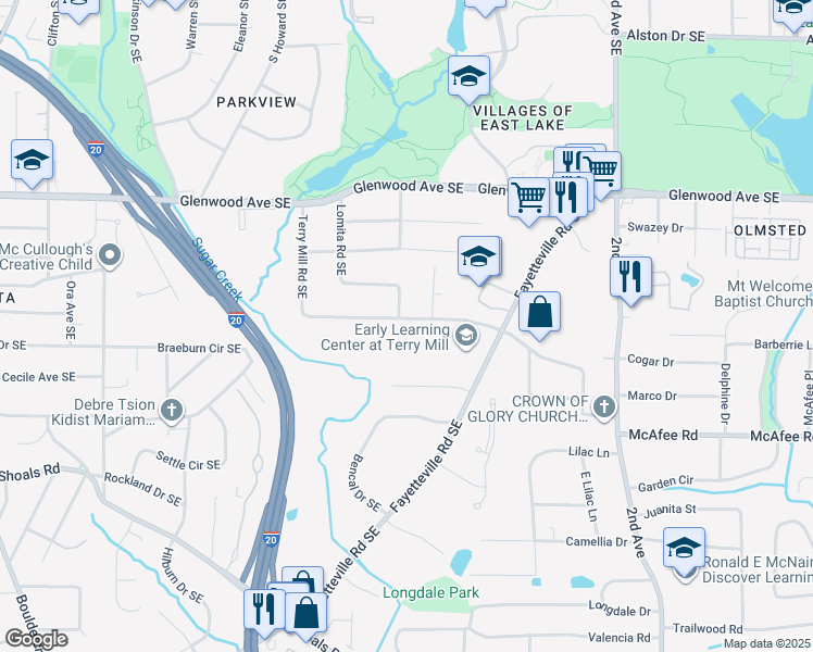 map of restaurants, bars, coffee shops, grocery stores, and more near 1767 Terry Mill Road Southeast in Atlanta
