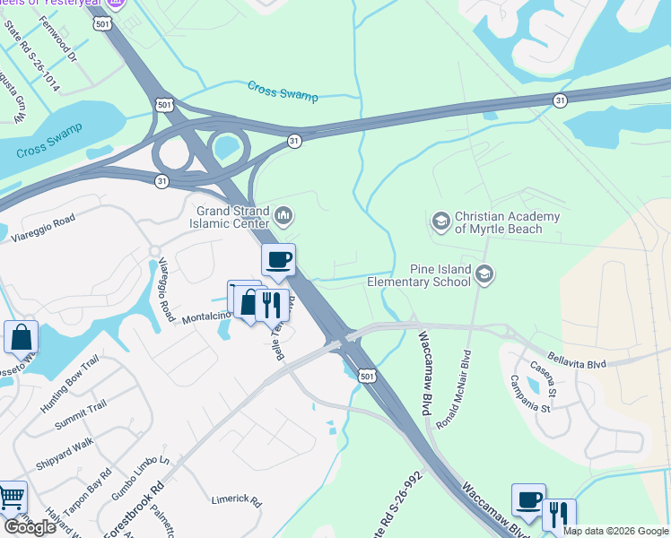 map of restaurants, bars, coffee shops, grocery stores, and more near 120 Carter Circle in Myrtle Beach