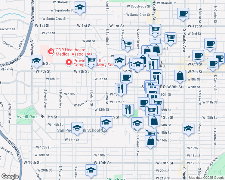 map of restaurants, bars, coffee shops, grocery stores, and more near 927 West 10th Street in Los Angeles