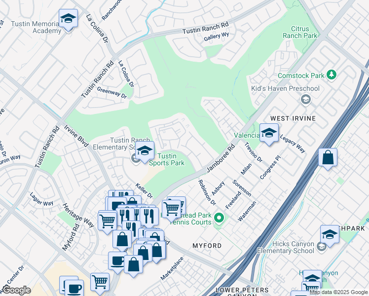 map of restaurants, bars, coffee shops, grocery stores, and more near 2910 Robinson Drive in Tustin