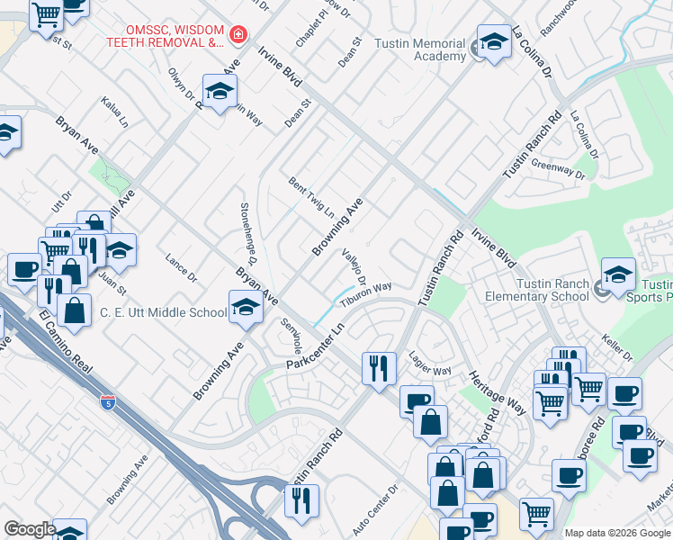 map of restaurants, bars, coffee shops, grocery stores, and more near 13381 Saratoga Drive in Tustin