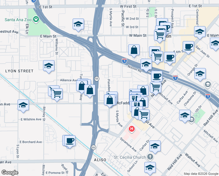 map of restaurants, bars, coffee shops, grocery stores, and more near 15711 South Myrtle Avenue in Tustin
