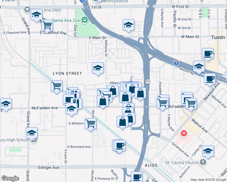 map of restaurants, bars, coffee shops, grocery stores, and more near 15652 Williams Street in Tustin