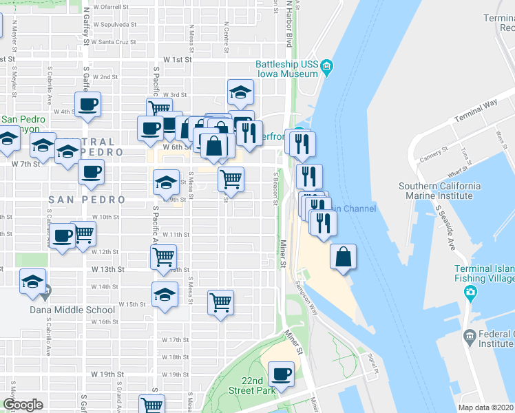 map of restaurants, bars, coffee shops, grocery stores, and more near 125 West 10th Street in Los Angeles